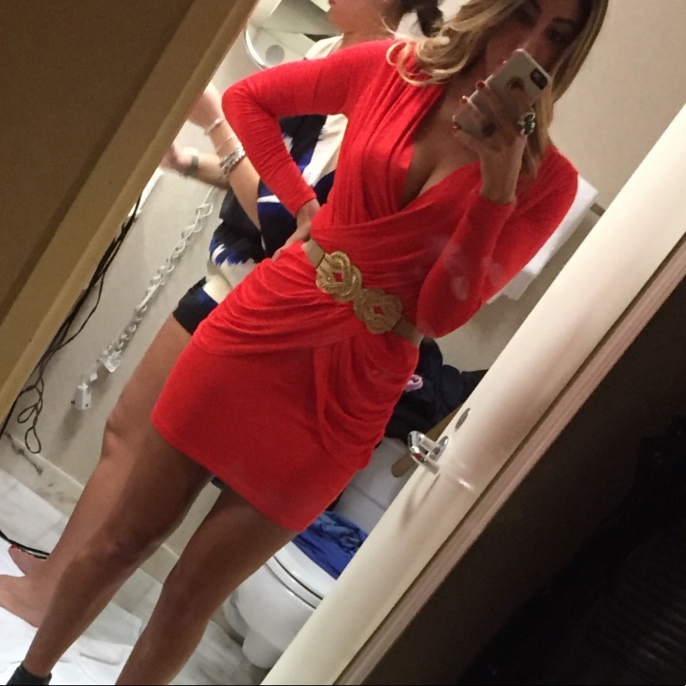 Revolve Rohan Red Draped Long Sleeve Mini Dress
